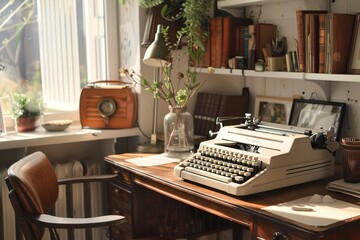 An antique typewriter sits on a wooden desk in a retro-inspired home office setting, A retro-inspired home office with an old-fashioned typewriter - obrazy, fototapety, plakaty
