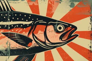 A painting depicting a fish with a fork in its mouth, showcasing a unique and quirky artistic concept, A retro-inspired poster advertising a seafood festival with bold, eye-catching graphics