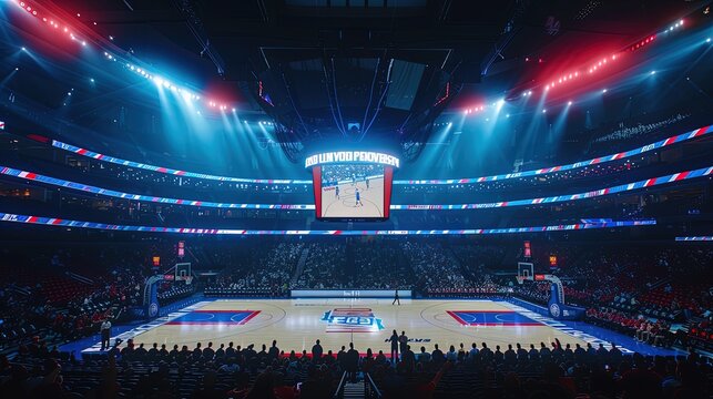 promotion banner for the premiere of the NBA match , basketball Arena , Generative Ai 
