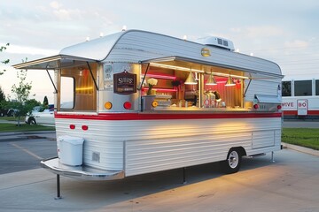 A vintage-style food truck parked on the side of a road, ready to serve customers with delicious...