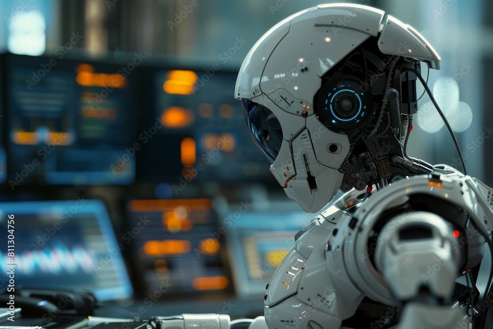 Poster a robot sits in front of a computer monitor, aiding in streamlining business operations, a robot ass