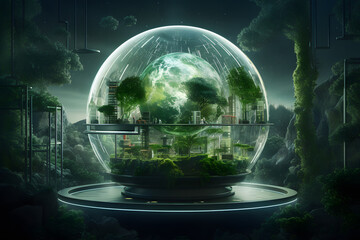 Futuristic view of a globe integrated with high-tech green technologies, set in a serene forest, showcasing the blend of technology  Generative AI,