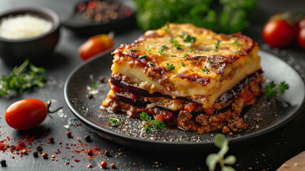 Greek moussaka layered with eggplant and béchamel on a black plate, with fresh herbs around it against a dark background, for a food photography commercial shoot