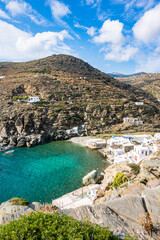 View of beach and mountains in Kastro village, Sifnos island, Greece