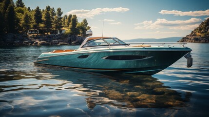 Fototapeta premium Small Boat Floating on Body of Water