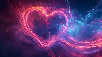 Dynamic neon backdrop pulsates with a stylized heart formed by intertwined lines