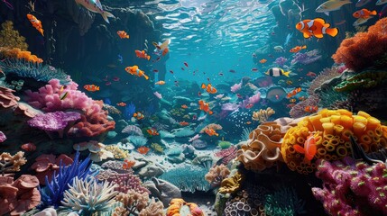 Naklejka na ściany i meble colorful coral garden bustling with marine life like clownfish, wrasses, and dottybacks, natural lighting realistic
