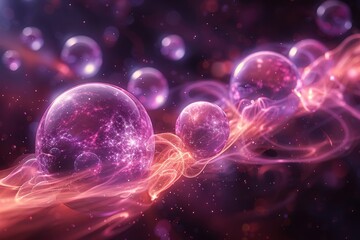 Obraz premium This vibrant digital art depicts spherical shapes that resemble cosmic planets, surrounded by an ethereal glow and swirling energy