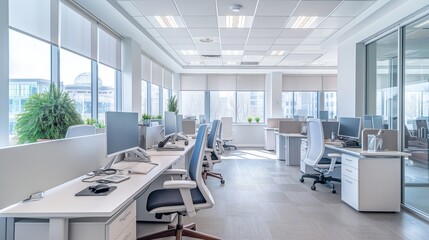 Modern Office Space With Empty Desks and Computers During Daytime