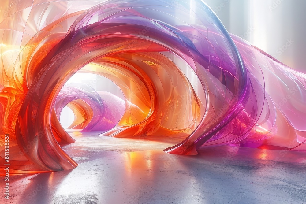 Poster an abstract rendering of a tunnel with colorful, twisted swirls creating a dynamic and artistic effe