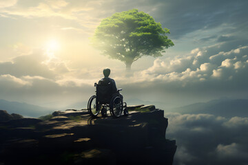 Person in a wheelchair reaching the top of a hill in a park, symbolizing perseverance and the overcoming of natural terrain   Generative AI,