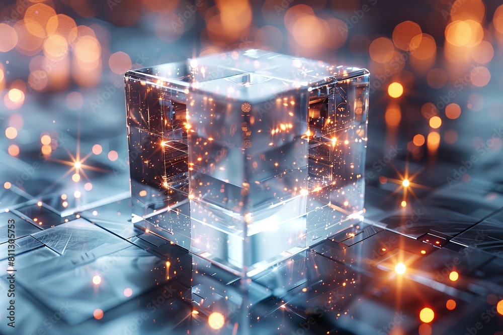 Poster a captivating image featuring a glowing cube surrounded by a myriad of sparkling lights, creating an