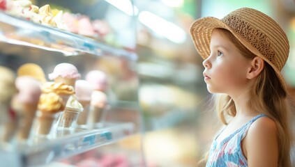 Girl in Straw Hat Admiring Cupcakes at a Bakery Display Case During Summer