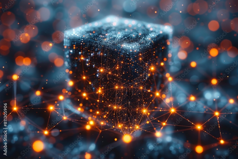 Poster a mesmerizing image of a cube surrounded by a dance of sparkling particles in a cosmic environment