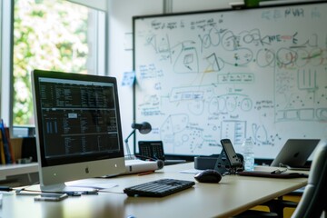 Computer Monitor on Wooden Desk, A room with a large whiteboard covered in data points and equations, with a computer nearby for further analysis