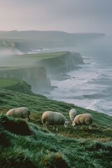 Herd of Sheep Standing on Top of Lush Green Hillside