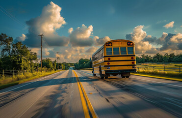 Obraz premium Yellow School Bus Driving Down Rural Road