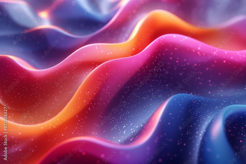 Poster featuring wave-like structures in an abstract neon glow with scattered starry particles suggesting a