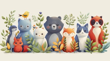 Obraz premium A collection of cute pe animals, marine mammals, reptiles, birds and fish. Collection of cute cartoon characters isolated on white background. Colored vector illustration