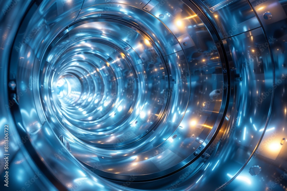 Poster an image of a futuristic tunnel with a shiny metallic surface that conveys a sense of advanced techn