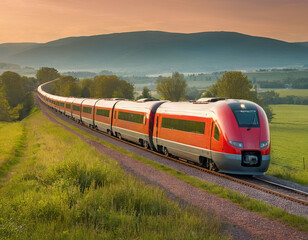 Fototapeta premium A red and white train is moving down train tracks, displaying its vibrant colors against the industrial backdrop of the railway infrastructure.