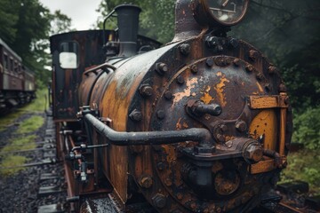 A weathered train engine covered in rust sits abandoned on the railway tracks, A rusted and weathered apparatus with a sense of history and character