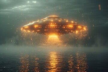 A dramatic portrayal of a large unidentified flying object (UFO) descending on a dark, stormy sea with vivid lights