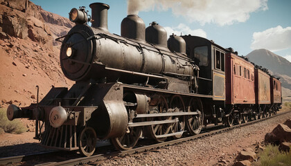 Obraz premium An old steam engine train is seen traveling across the desert, billowing smoke as it chugs through the arid landscape under the scorching sun.