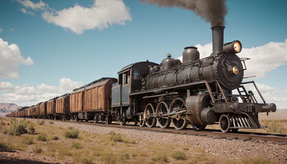 Fototapeta premium A train is seen moving along train tracks that cut through a rural countryside, passing by fields, trees, and small villages under a clear, blue sky.