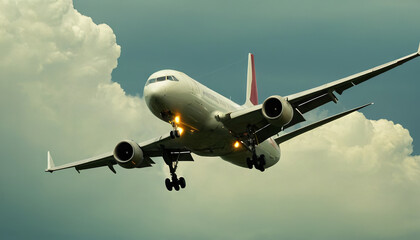 A massive jetliner soars through the cloudy blue sky, its engines roaring as it travels to its destination with passengers on board.