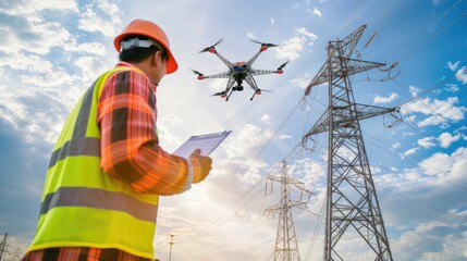 A skilled engineer, adorned in a high visibility vest and hard hat, meticulously maneuvering a drone to inspect an electrical power line tower against the backdrop of a daylight sky