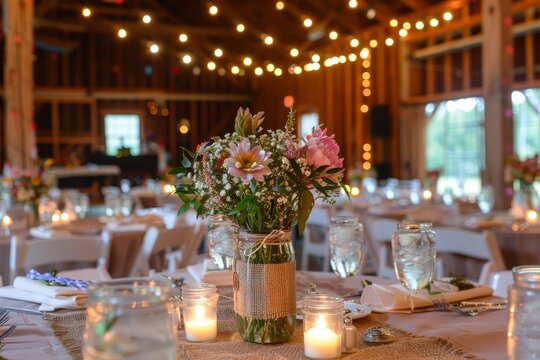 A table adorned with a vase of flowers and candles, part of the rustic barn wedding decorations, A rustic barn wedding with string lights and mason jar centerpieces