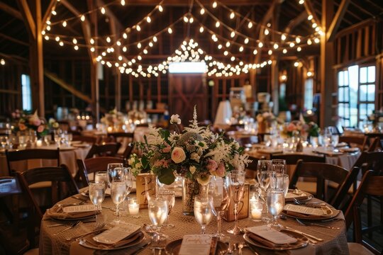 A formal dinner table with candles and flowers set for a special event in a rustic barn wedding venue, A rustic barn wedding with string lights and mason jar centerpieces