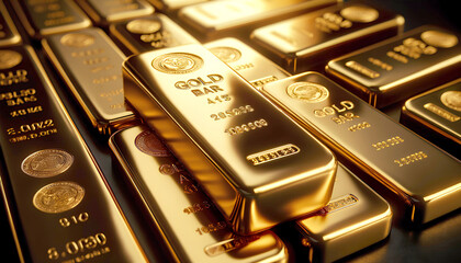 neatly stacked shiny gold bars close-up