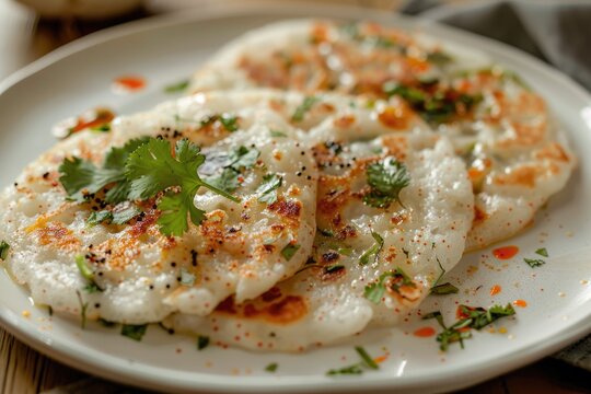 Closeup of Vegetarian Indian Meal: 2 Onion Uttapam with Coconut Chutney, Served in White Ceramic