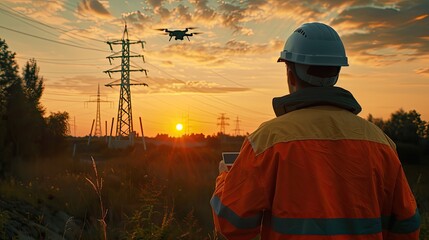 A skilled engineer, adorned in a high visibility vest and hard hat, meticulously maneuvering a drone to inspect an electrical power line tower against the backdrop of a daylight sky
