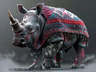 Obraz premium Aggressive Charging Rhino with Sweater Horns - Wild Rhino Animal Character Leading Team with Tusks