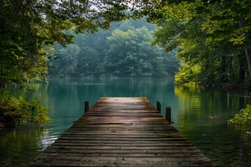 A wooden dock extends from the shore into the lake, providing a platform for access to the water, A rustic wooden dock stretching out into a peaceful river