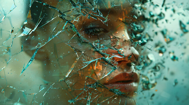 A fragmented mirror with a broken screen overlay, representing the fractured self-image in the age of social media, ultra detailed