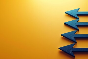 A conceptual array of blue arrows in different sizes pointing right on a vibrant yellow background
