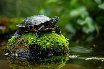 Fototapeta premium Bog Turtle Resting on Mossy Stone in Pond | Water Reptile Wildlife in Natural Habitat
