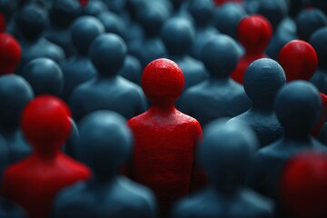 Obraz premium This image features one red figure standing out among a sea of blue figures, symbolizing individuality