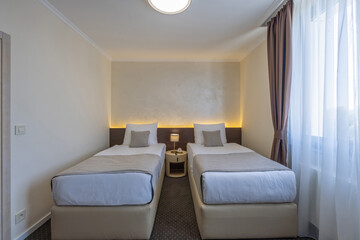 Small two bed hotel room interior