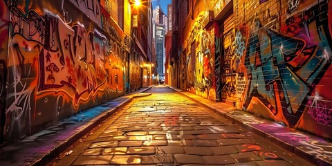 Obraz premium Melbournes famous laneways filled with eclectic graffiti art and urban charm. Concept Urban Exploration, Street Art, Colorful Murals, Hidden Gems, City Vibes