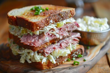 A close-up view of a sandwich placed on a plate, ready to be eaten, A sandwich that is best enjoyed with a side of coleslaw or potato salad