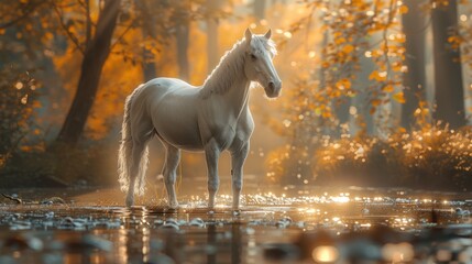 photo Artistic mystical horse in a fantasy dark fairy forest. Abstract unicorn in the forest