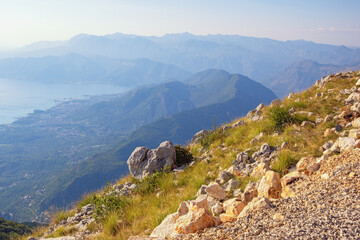 Beautiful  mountain landscape on sunny autumn day.  Montenegro, view of Bay of Kotor, Vrmac mountain, Tivat city