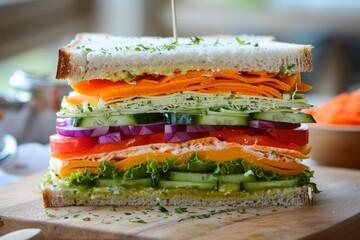 A sandwich sliced in half, revealing colorful layers of vegetables, resting on a wooden cutting board, A sandwich with layers of colorful vegetables and creamy spreads