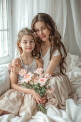 Two Girls Sitting on Bed With Bouquet of Flowers