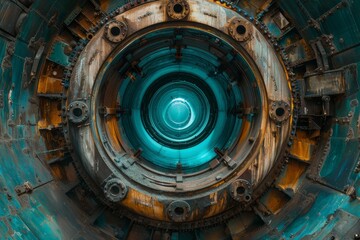 Obraz premium Gazing directly into the cylindrical core of a massive blue turbine, the image presents an awe-inspiring perspective of industrial might